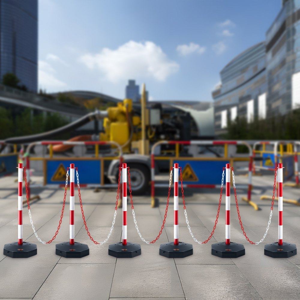 VEVOR Adjustable Traffic Delineator Post Cones, 6 Pack, Traffic Safety Delineator Barrier with Fillable Base 6.6FT Chain, for Traffic Control Warning Parking Lot Construction Caution Roads, Red&White