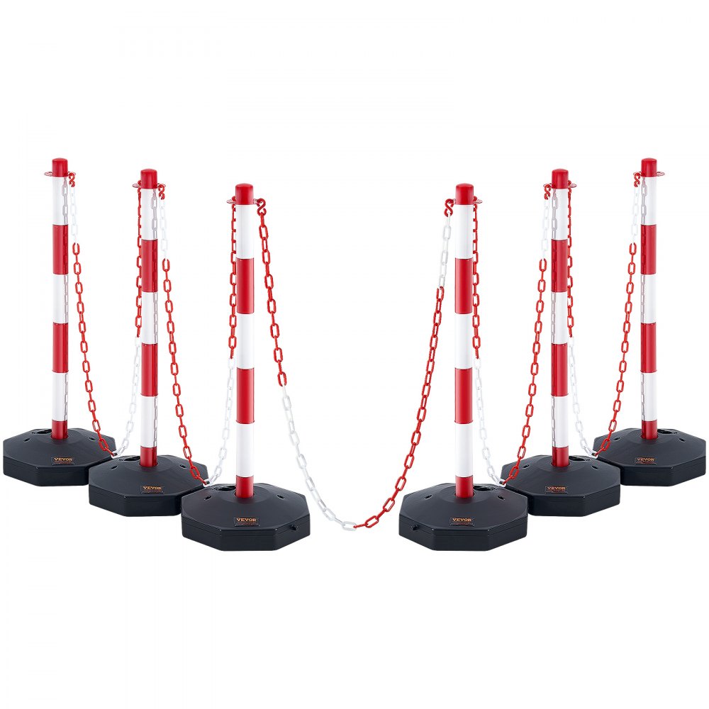 VEVOR Adjustable Traffic Delineator Post Cones, 6 Pack, Traffic Safety Delineator Barrier with Fillable Base 6.6FT Chain, for Traffic Control Warning Parking Lot Construction Caution Roads, Red&White