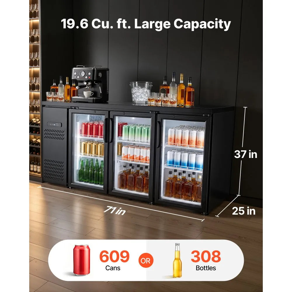 VEVOR Back Bar Cooler, 19.6 Cu. Ft Counter Height Beverage Refrigerator, Commercial Bar Display Fridge w/ 3 Glass Doors, LED Lighting, Fan Cooling Beer Wine Cooler for Pub, Merchandiser, Store