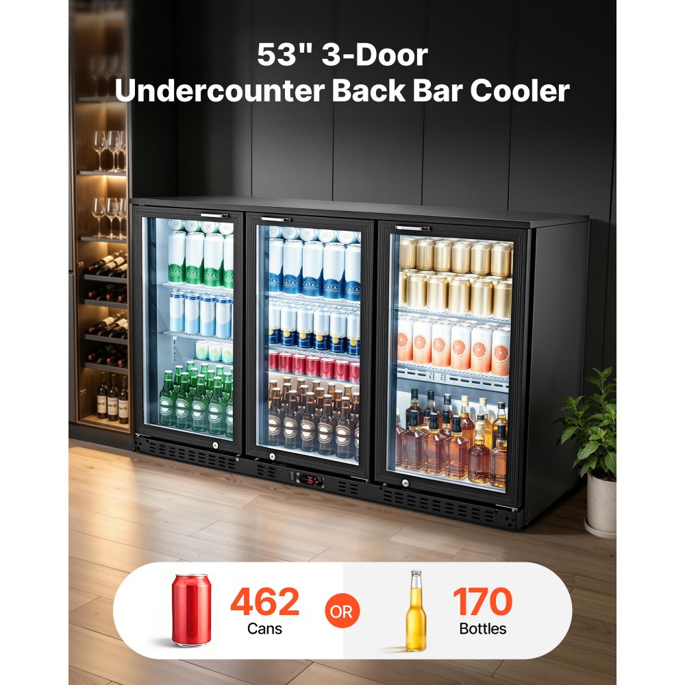 VEVOR Back Bar Cooler, 11.4 Cu.Ft Commercial Beverage Refrigerator with 3 Glass Door, Large Under Counter Fridge w/ LED Lighting, Shelf, Low-E Glass Display Cooler for Store, Lobby, Restaurant, Pub