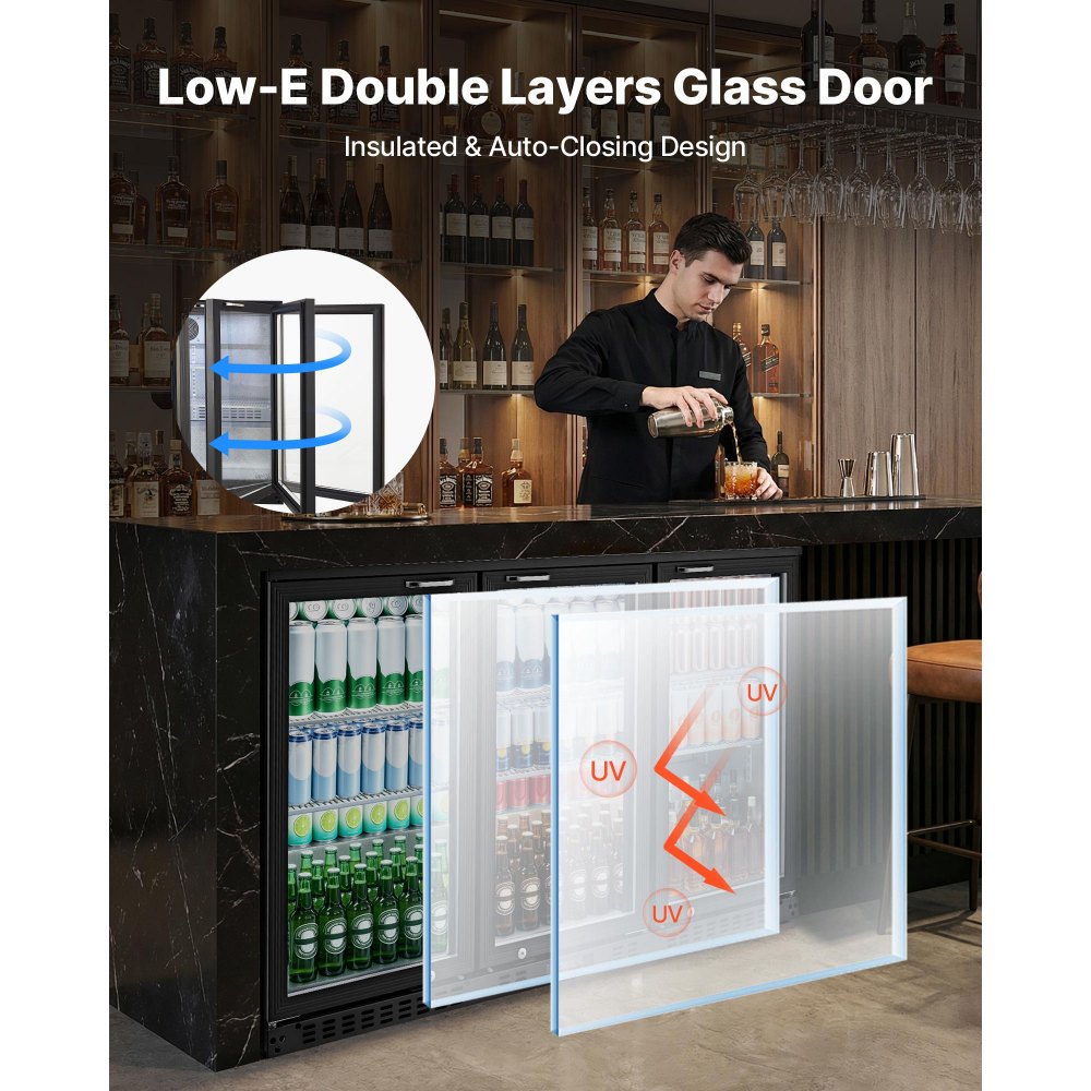 VEVOR Back Bar Cooler, 11.4 Cu.Ft Commercial Beverage Refrigerator with 3 Glass Door, Large Under Counter Fridge w/ LED Lighting, Shelf, Low-E Glass Display Cooler for Store, Lobby, Restaurant, Pub