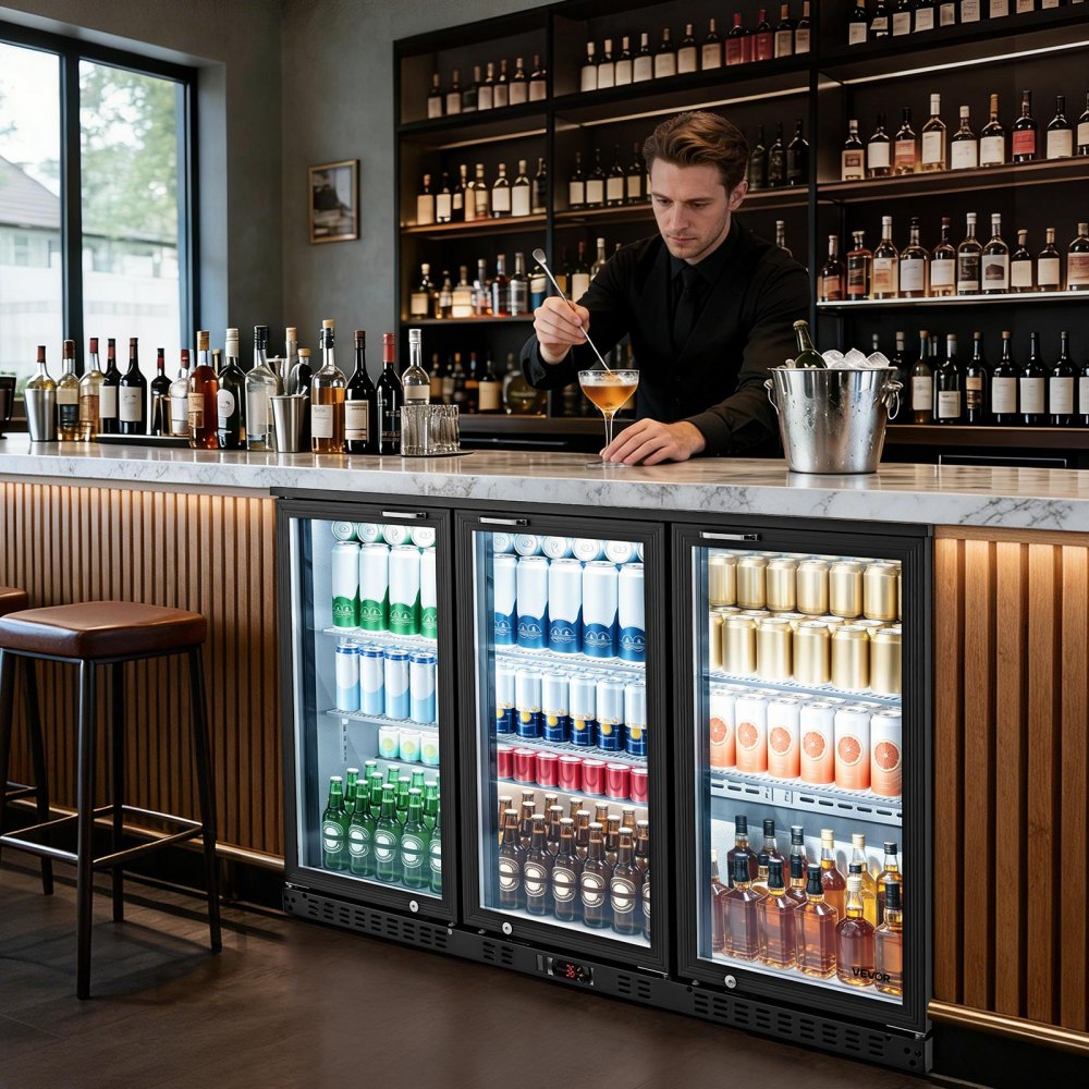 VEVOR Back Bar Cooler, 11.4 Cu.Ft Commercial Beverage Refrigerator with 3 Glass Door, Large Under Counter Fridge w/ LED Lighting, Shelf, Low-E Glass Display Cooler for Store, Lobby, Restaurant, Pub