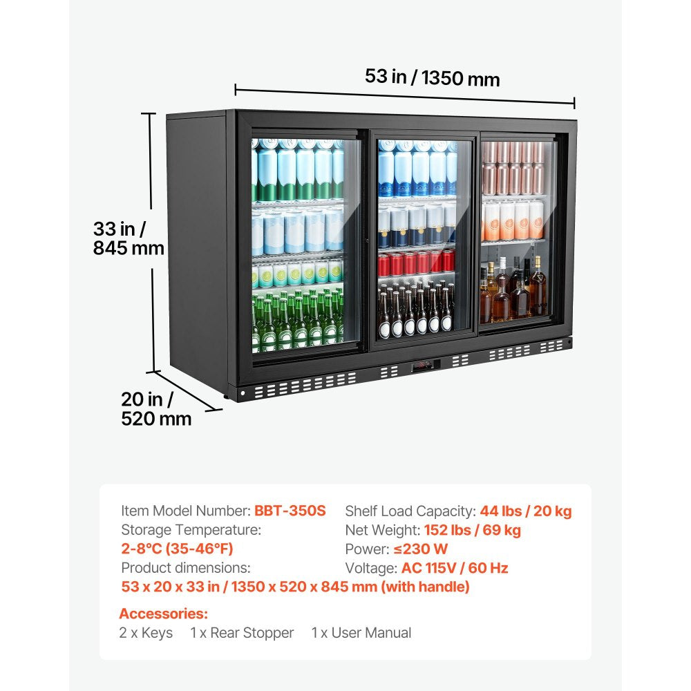 VEVOR Back Bar Cooler, 11.4 Cu.Ft Commercial Beverage Refrigerator, 3 Sliding Glass Doors, Fan Cooling Under Counter Beer Fridge w/ LED Lighting, Shelves, Low-E Glass Display for Drinks, Bar, Store