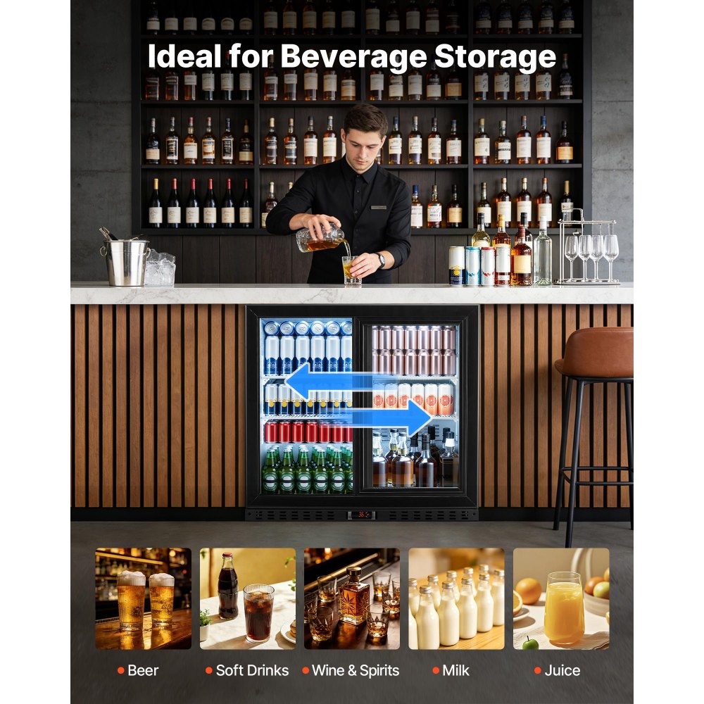 VEVOR Back Bar Cooler, 7.4 Cu. Ft Commercial Beverage Refrigerator, Under Counter Bar Fridge with 2 Sliding Doors, LED Lighting, Adjustable Shelves, Low-E Glass Display Cooler for Beer, Wine, Drink