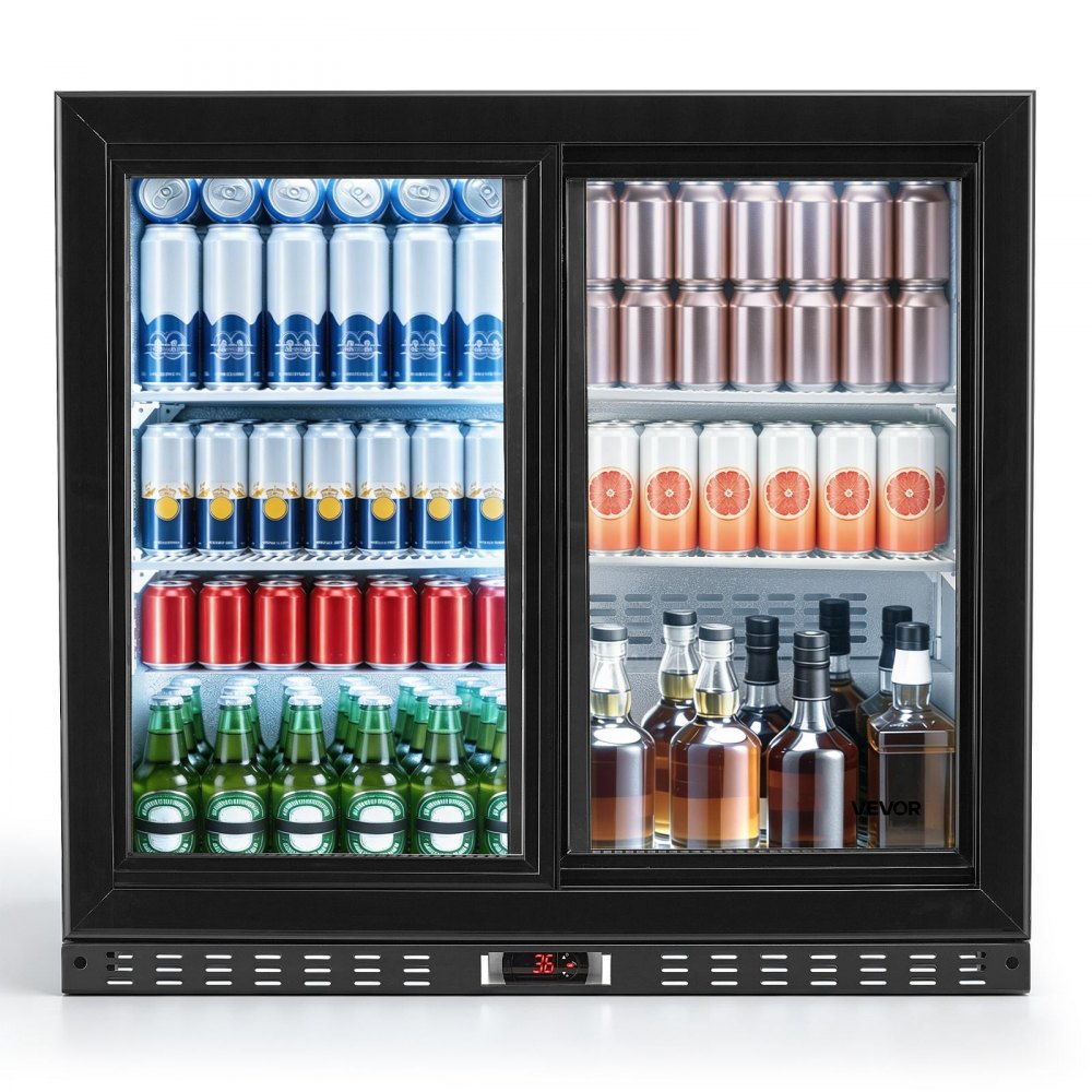 VEVOR Back Bar Cooler, 7.4 Cu. Ft Commercial Beverage Refrigerator, Under Counter Bar Fridge with 2 Sliding Doors, LED Lighting, Adjustable Shelves, Low-E Glass Display Cooler for Beer, Wine, Drink