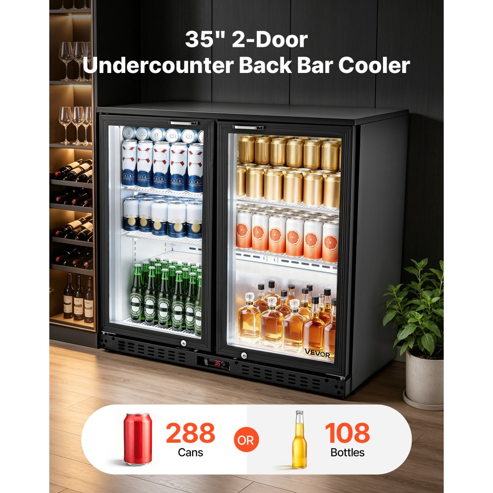 VEVOR Back Bar Cooler, 7.4 Cu. Ft Commercial Beverage Refrigerator, Under Counter Bar Fridge with 2 Glass Doors, LED Lighting, Shelves, Low-E Glass Display Cooler for Beer, Soda, Wine, Drinks