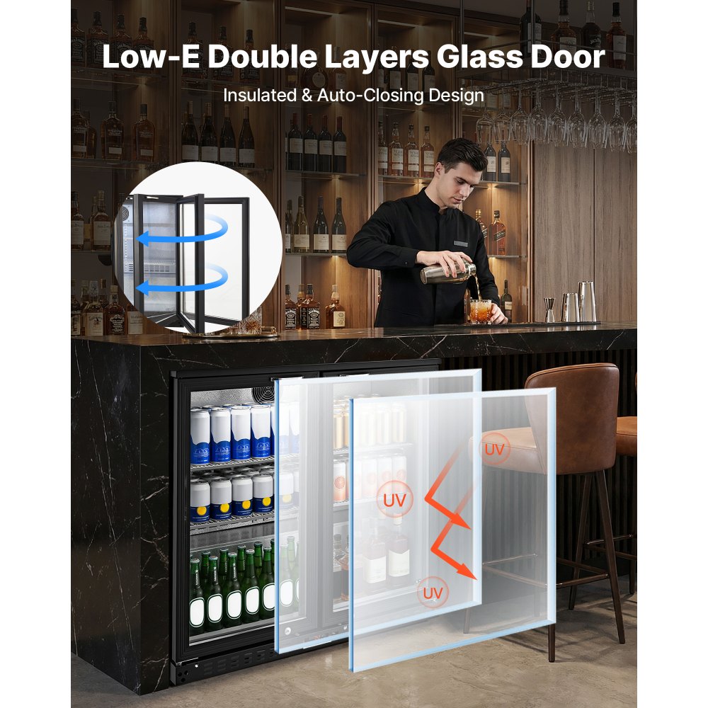 VEVOR Back Bar Cooler, 7.4 Cu. Ft Commercial Beverage Refrigerator, Under Counter Bar Fridge with 2 Glass Doors, LED Lighting, Shelves, Low-E Glass Display Cooler for Beer, Soda, Wine, Drinks