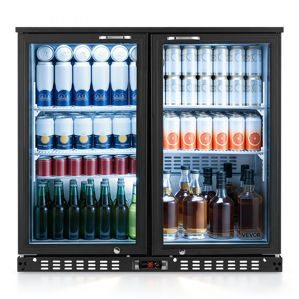 VEVOR Back Bar Cooler, 7.4 Cu. Ft Commercial Beverage Refrigerator, Under Counter Bar Fridge with 2 Glass Doors, LED Lighting, Shelves, Low-E Glass Display Cooler for Beer, Soda, Wine, Drinks