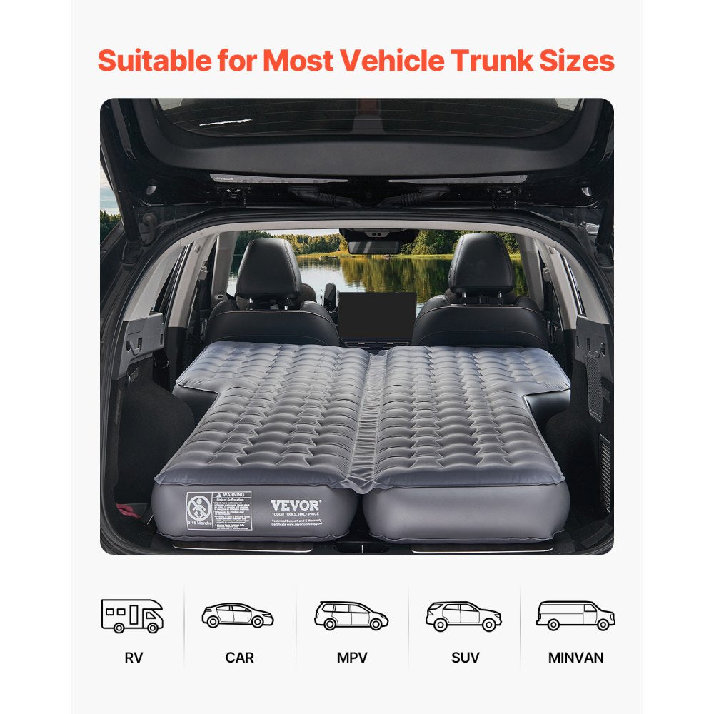 VEVOR Car Air Mattress, Inflatable Car Camping Mattress, Oxford Thickened Travel Beds, Comfortable and Durable Portable Sleeping Pad with Air Pump, Nozzle, Carry Bag, Fits Most SUV MPV Sedan, Gray