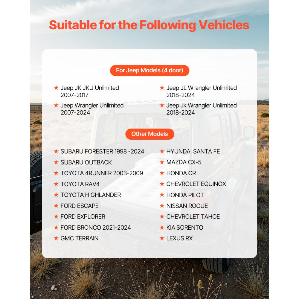 VEVOR Car Air Mattress, Fits Toyota 4runner, Jeep Wrangler, Inflatable Car Camping Mattress, Flocking Thickened Blow Up Travel Beds, Durable Portable Sleeping Pad with Built in Pump, 2 Pillows, Gray