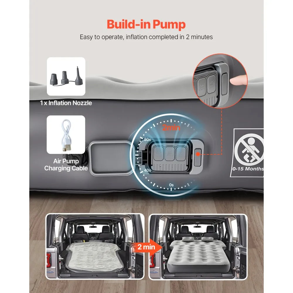 VEVOR Car Air Mattress, Fits Toyota 4runner, Jeep Wrangler, Inflatable Car Camping Mattress, Flocking Thickened Blow Up Travel Beds, Durable Portable Sleeping Pad with Built in Pump, 2 Pillows, Gray