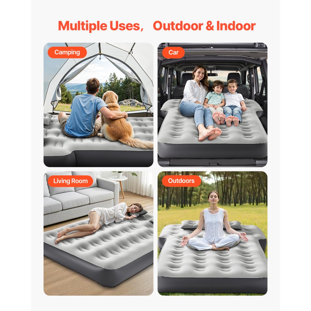 VEVOR Car Air Mattress, Fits Toyota 4runner, Jeep Wrangler, Inflatable Car Camping Mattress, Flocking Thickened Blow Up Travel Beds, Durable Portable Sleeping Pad with Built in Pump, 2 Pillows, Gray