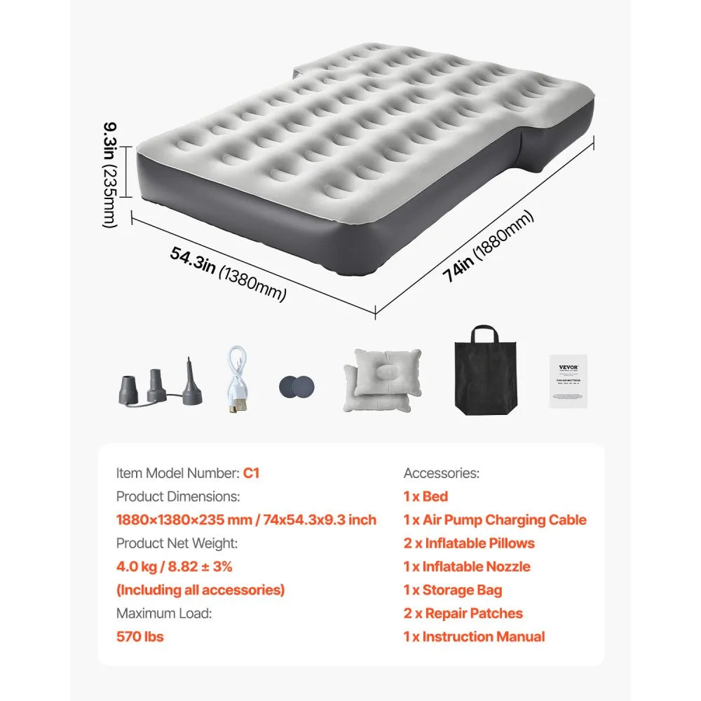 VEVOR Car Air Mattress, Fits Toyota 4runner, Jeep Wrangler, Inflatable Car Camping Mattress, Flocking Thickened Blow Up Travel Beds, Durable Portable Sleeping Pad with Built in Pump, 2 Pillows, Gray
