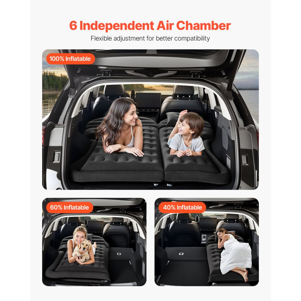 VEVOR Car Air Mattress, Inflatable Car Camping Mattress, Flocking Thickened Travel Beds, Durable Portable Sleeping Pad with Air Pump, 2 Pillows, Nozzle, Carry Bag, Fits Most SUV MPV Sedan, Black