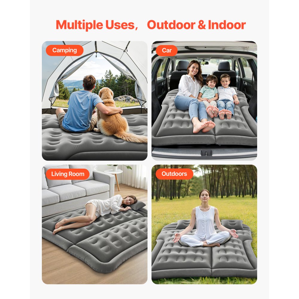 VEVOR Car Air Mattress, Inflatable Car Camping Mattress, Flocking Thickened Travel Beds, Comfortable and Durable Portable Sleeping Pad with Air Pump, Nozzle, Carry Bag, Fits Most SUV MPV Sedan, Gray