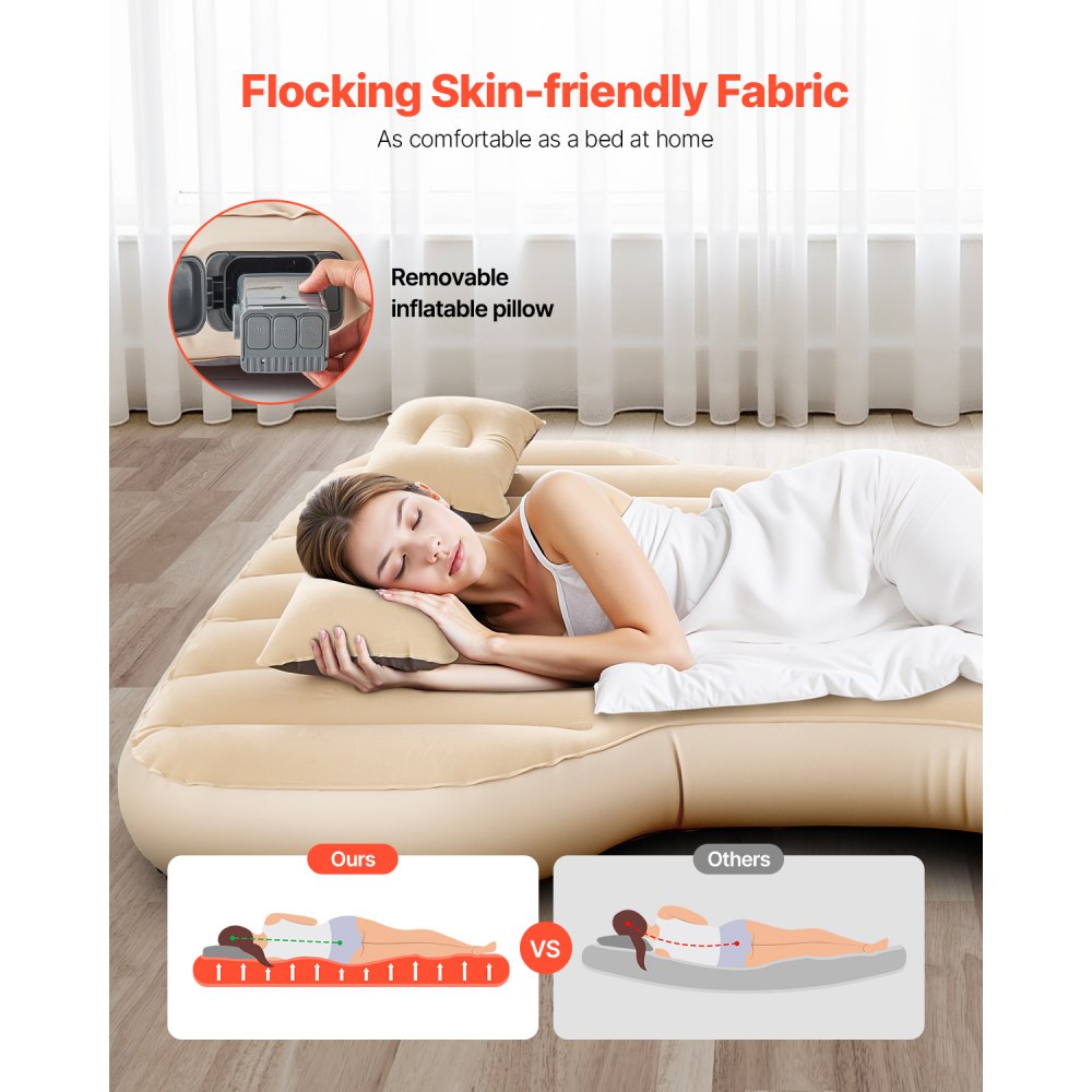 VEVOR Car Air Mattress, Fits Tesla Model Y (2020-2024), Inflatable Car Camping Mattress, Flocking Thickened Blow Up Travel Beds, Durable Portable Sleeping Pad with Built in Pump, 2 Pillows, Beige