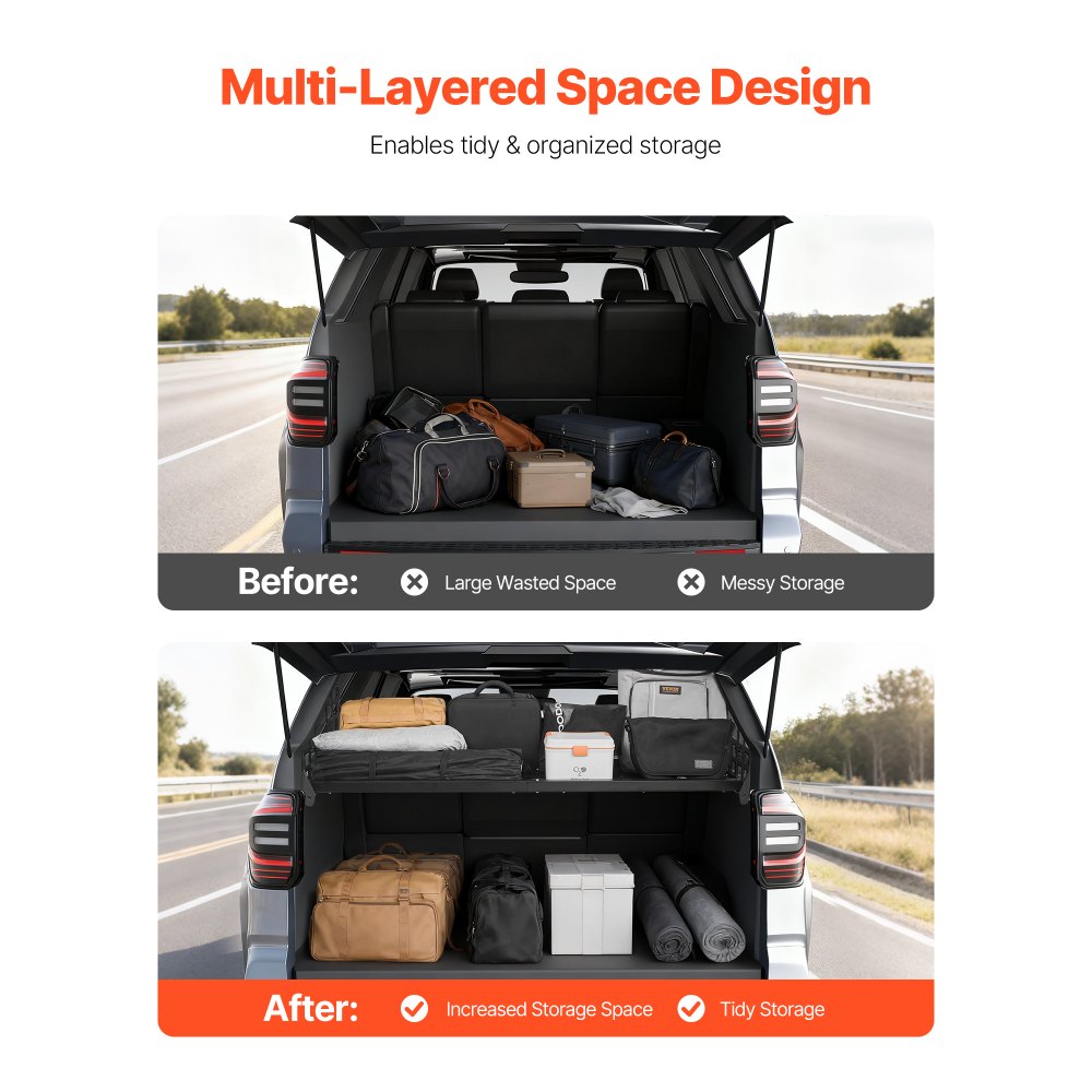 VEVOR Rear Trunk Cargo Rack layered storage design - before and after