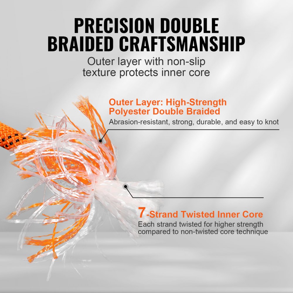 VEVOR Dual-Weave Polyester Cord, 1/2 inch x 220 feet, 48-Strand, 8000 LBS Tensile Strength, Multi-Use Outdoor Rope for Camping, Swinging, Rappelling, and Rescue, Orange/Black