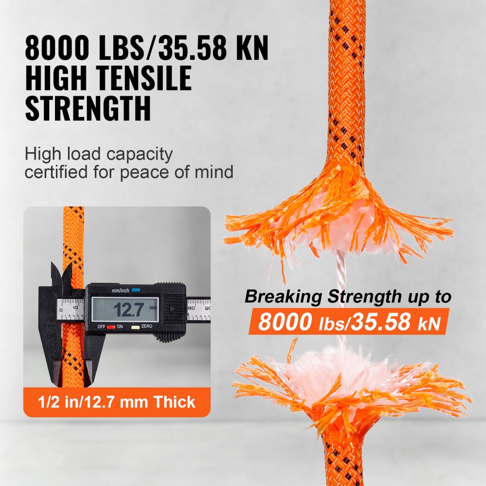 VEVOR Dual Twisted Polyester Cord, 1/2 inch by 120 feet, 48-Strand, 8000 LBS Tensile Strength, Multi-Use Outdoor Rope for Arborist Activities, Hiking, Swinging, Rappelling, and Rescue, Or