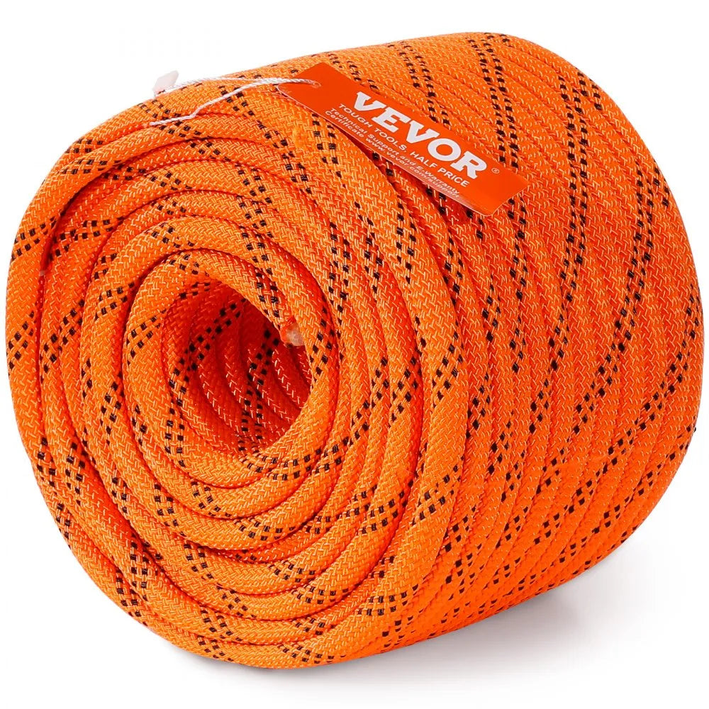 VEVOR Dual-Weave Polyester Cord, 3/8 inch by 120 feet, 48-Strand, 4000 Pound Tensile Strength, Multi-Use Rope for Arborist Activities, and Outdoor Adventures, Orange/Black