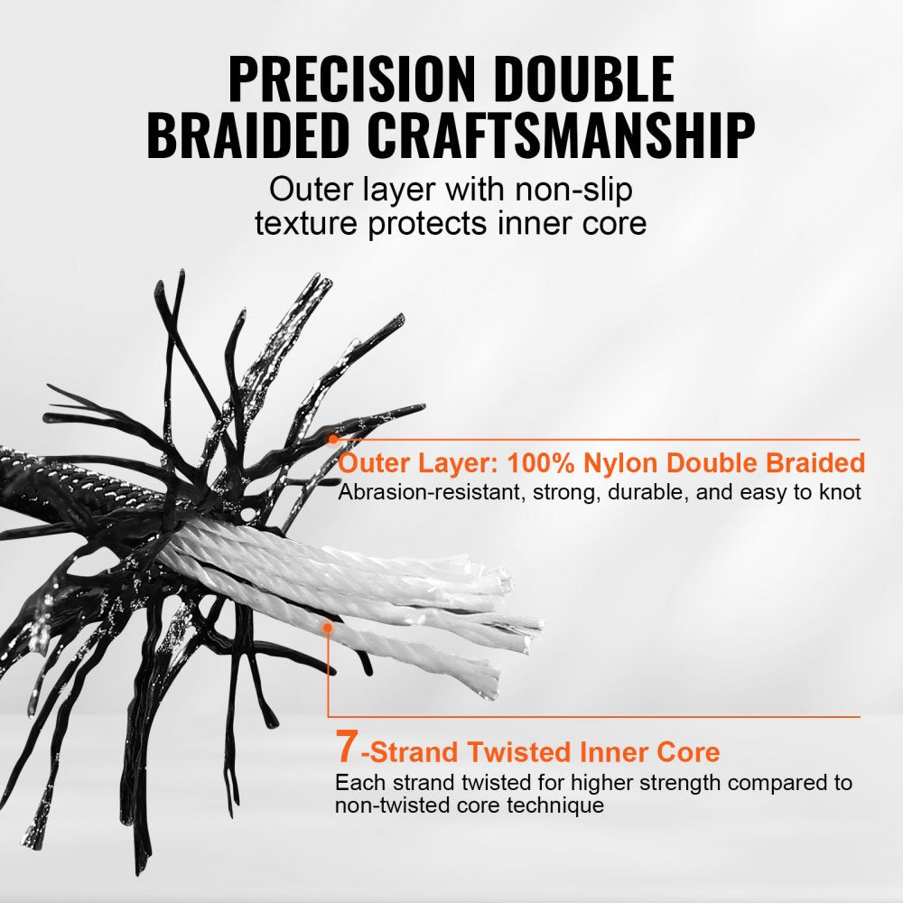 VEVOR Durable Nylon Cord, 3/16 inch x 1000 ft, 32-Strand Design, 720 LBS Load Capacity, Multi-Purpose Rope for Outdoor Adventures, Tree Work, and Emergency Situations, Black