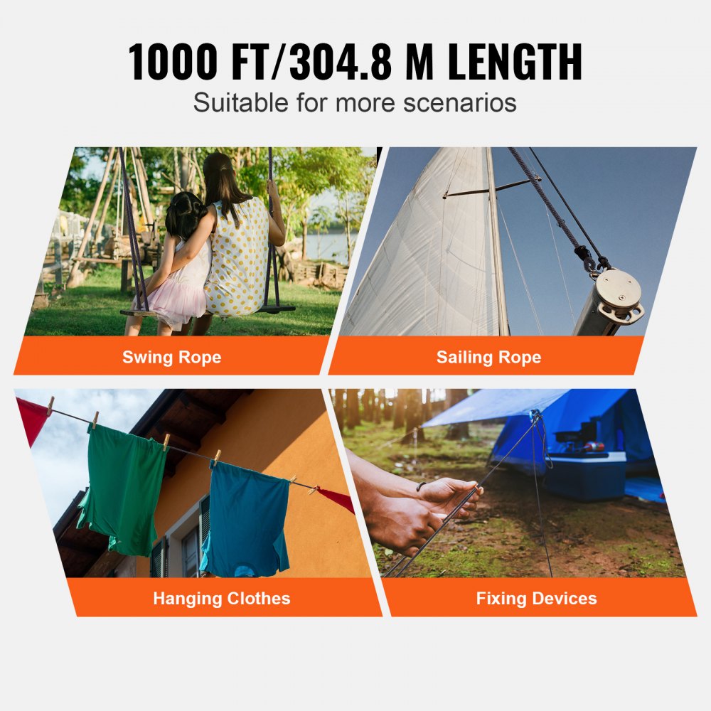 VEVOR Durable Nylon Cord, 3/16 inch x 1000 ft, 32-Strand Design, 720 LBS Load Capacity, Multi-Purpose Rope for Outdoor Adventures, Tree Work, and Emergency Situations, Black