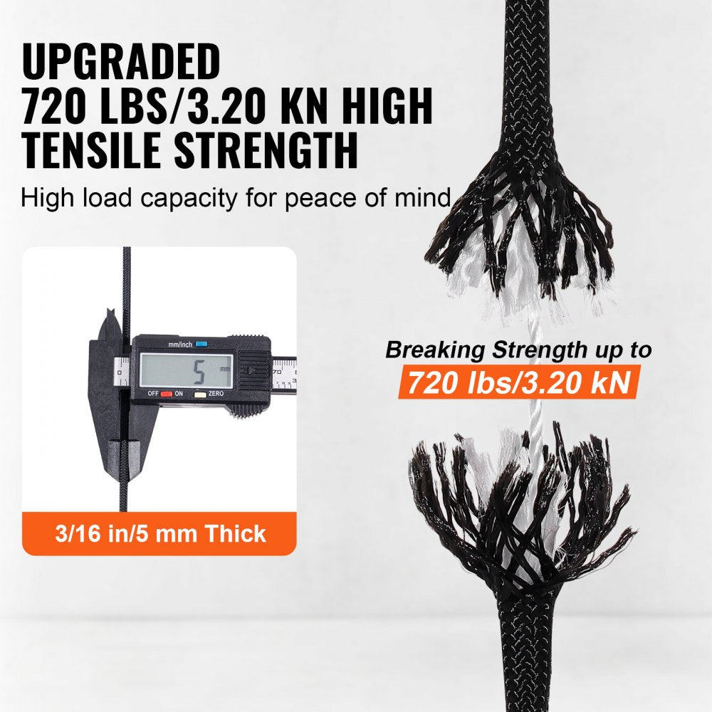 VEVOR Durable Nylon Cord, 3/16 inch x 1000 ft, 32-Strand Design, 720 LBS Load Capacity, Multi-Purpose Rope for Outdoor Adventures, Tree Work, and Emergency Situations, Black