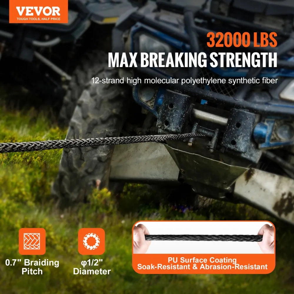 VEVOR Synthetic Winch Rope, 1/2 Inch x 92 Feet 32,000 lbs Synthetic Winch Line Cable Rope with Protective Sleeve + Forged Winch Hook + Pull Strap, Universal Fit for SUV, Large Off-Road Vehicle, Truck