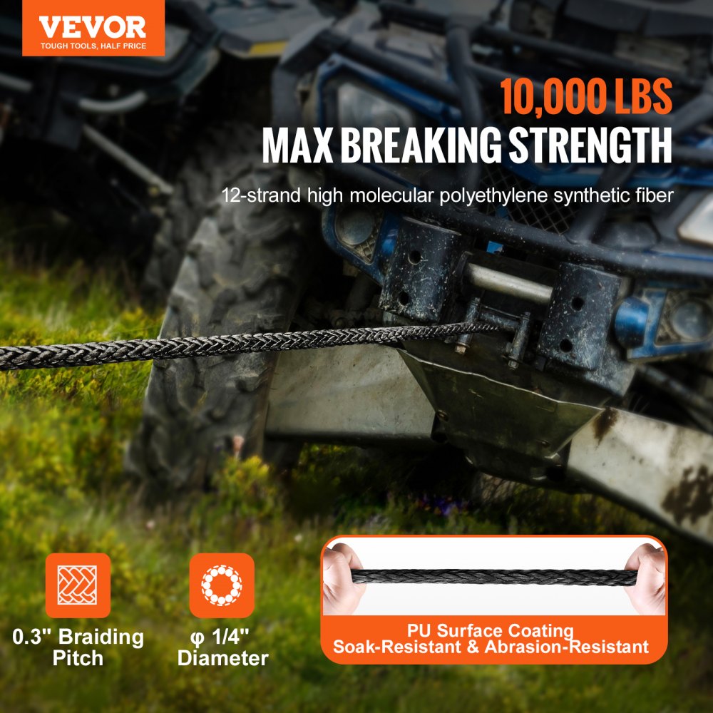 VEVOR Synthetic Winch Rope, 1/4 Inch x 50 Feet 10,000 lbs Synthetic Winch Line Cable Rope with Protective Sleeve + Stopper + Forged Winch Hook + Pull Strap, Fit for ATV, UTV, Small Vehicle, Pickup