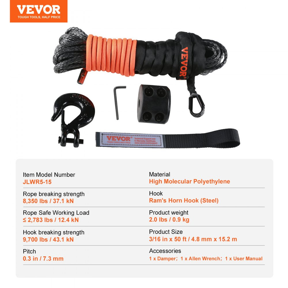 VEVOR Synthetic Winch Rope, 3/16 Inch x 50 Feet 8,350 lbs Synthetic Winch Line Cable Rope with Protective Sleeve + Stopper + Forged Winch Hook + Pull Strap, Universal Fit for ATV, UTV, Vehicle Towing