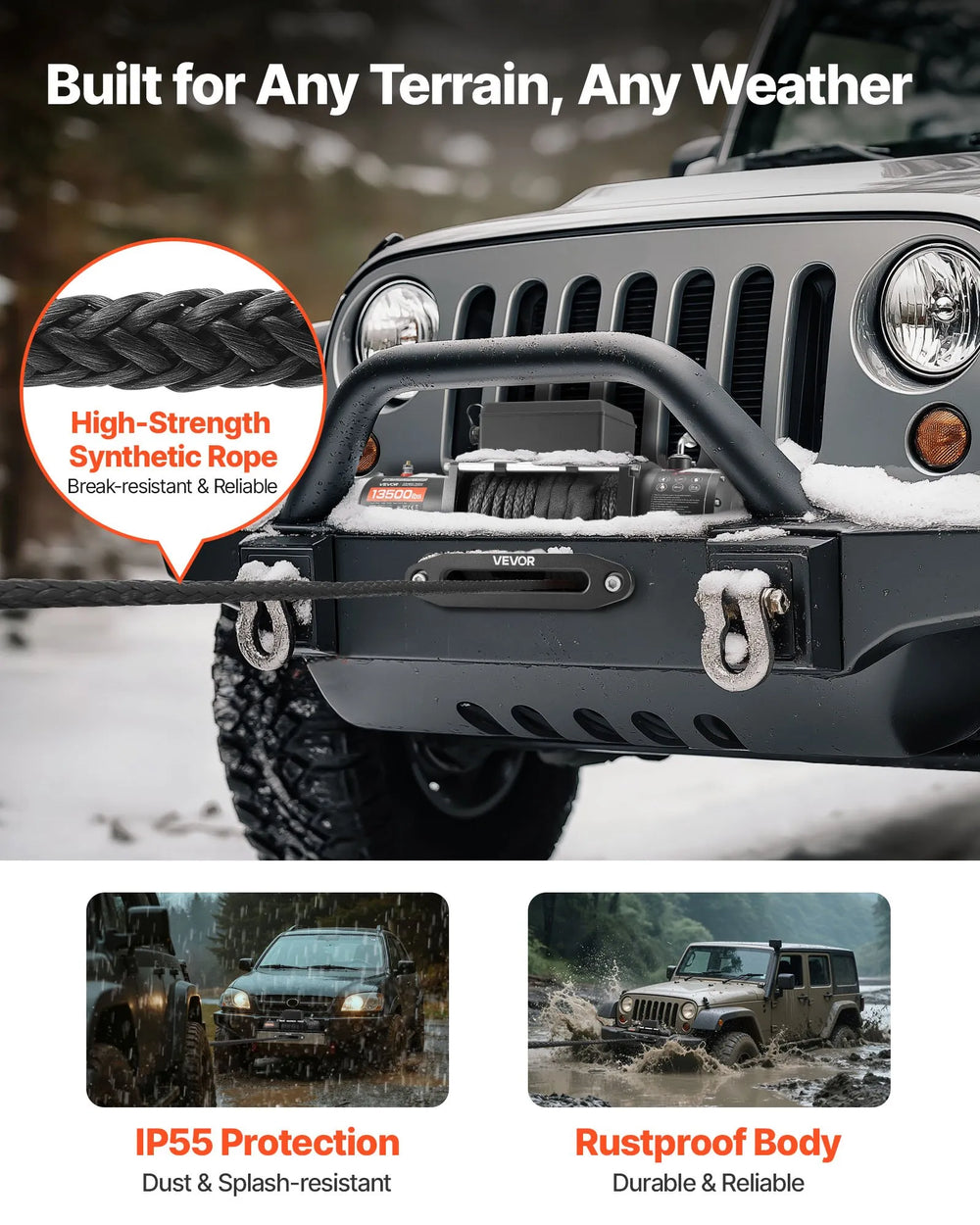 VEVOR Electric Winch, 13500 lbs Load Capacity, 12V DC Truck Winch with 3/8 in x 85 ft Synthetic Rope, Wireless & Wired Remote Control, IP55 Waterproof for Towing Off-Road SUV Jeep Trailer Boat