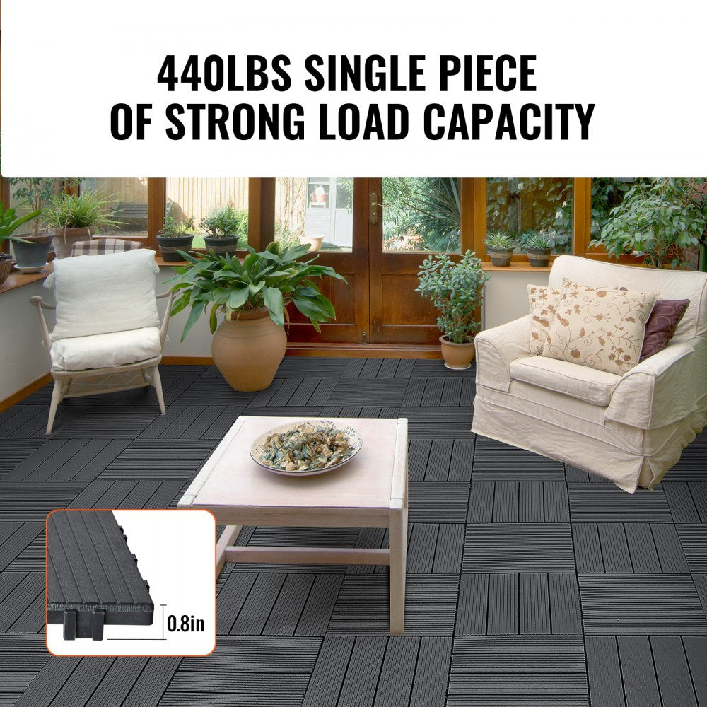 VEVOR Interlocking Deck Tiles, 10 Pack,12"x12" 10 sq. ft Plastic Waterproof Outdoor Flooring All Weather Use, Patio Floor Decking Covering Tiles for Porch Poolside Balcony Backyard, Dark Grey