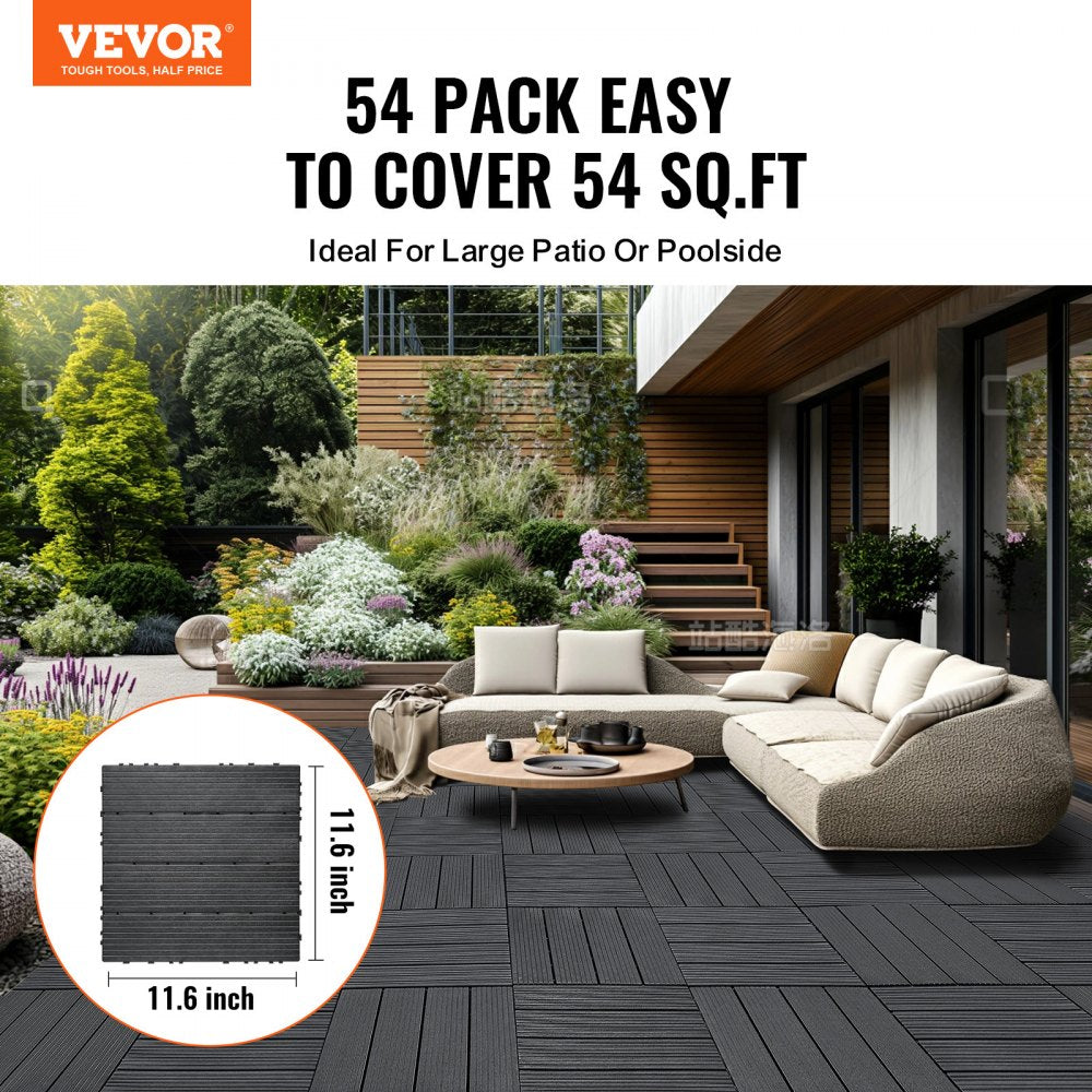 VEVOR Interlocking Deck Tiles, 54 Pack,12"x12" 54 sq. ft Plastic Waterproof Outdoor Flooring All Weather Use, Patio Floor Decking Covering Tiles for Porch Poolside Balcony Backyard, Dark Grey