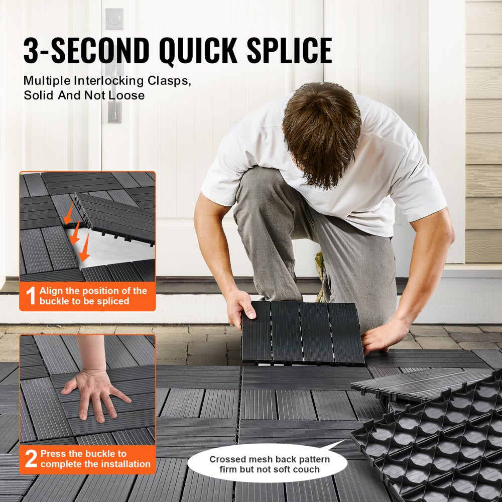 VEVOR Interlocking Deck Tiles, 54 Pack,12"x12" 54 sq. ft Plastic Waterproof Outdoor Flooring All Weather Use, Patio Floor Decking Covering Tiles for Porch Poolside Balcony Backyard, Dark Grey