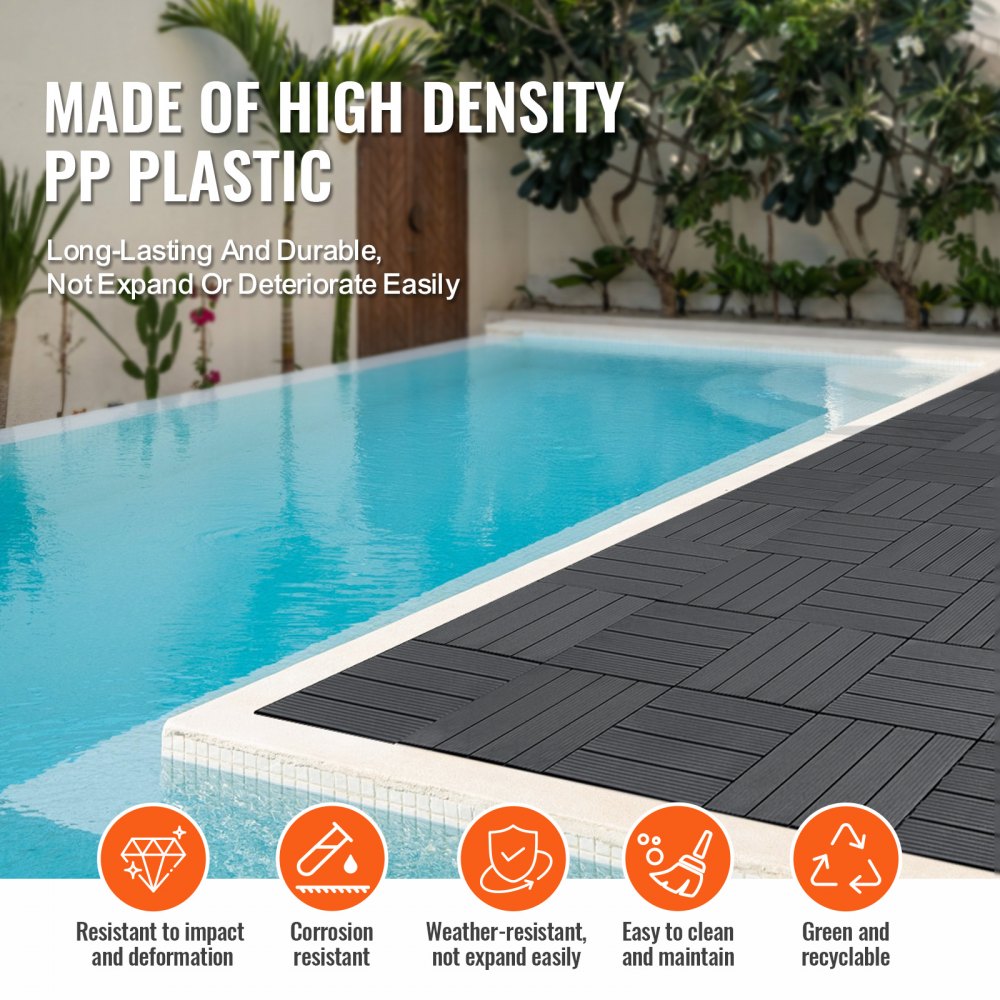 VEVOR Interlocking Deck Tiles, 54 Pack,12"x12" 54 sq. ft Plastic Waterproof Outdoor Flooring All Weather Use, Patio Floor Decking Covering Tiles for Porch Poolside Balcony Backyard, Dark Grey