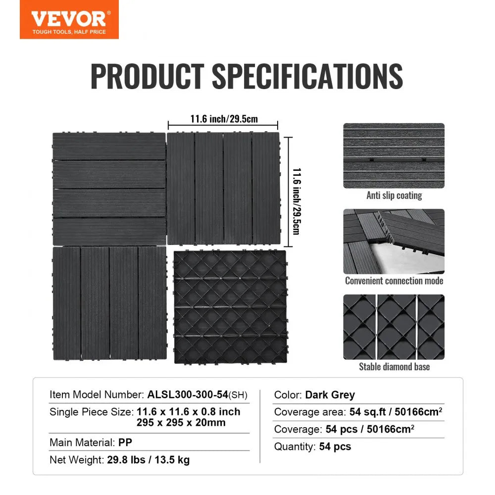 VEVOR Interlocking Deck Tiles, 54 Pack,12"x12" 54 sq. ft Plastic Waterproof Outdoor Flooring All Weather Use, Patio Floor Decking Covering Tiles for Porch Poolside Balcony Backyard, Dark Grey