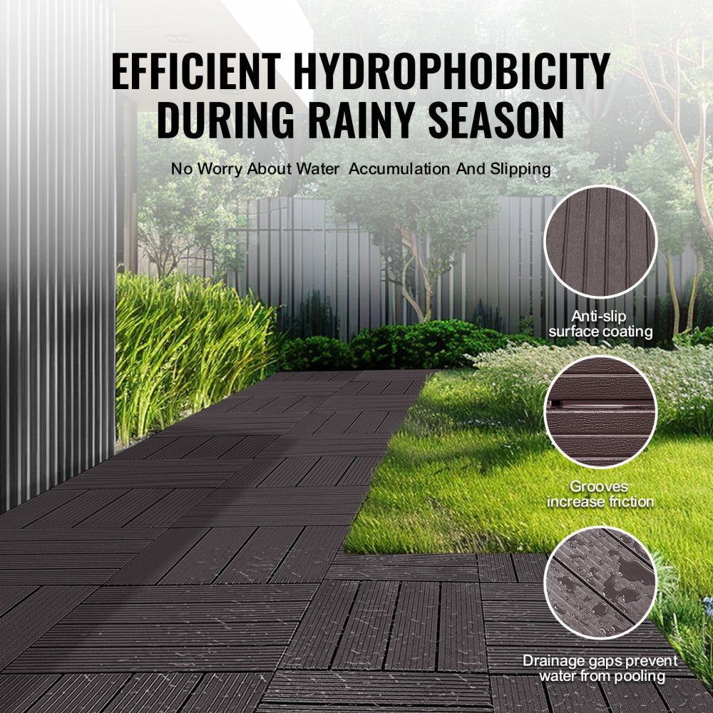 VEVOR Interlocking Deck Tiles, 54 Pack,12"x12" 54 sq. ft Plastic Waterproof Outdoor Flooring All Weather Use, Patio Floor Decking Covering Tiles for Porch Poolside Balcony Backyard, Dark Brown