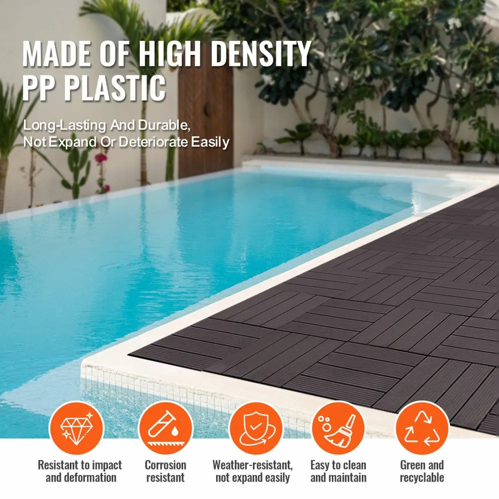 VEVOR Interlocking Deck Tiles, 54 Pack,12"x12" 54 sq. ft Plastic Waterproof Outdoor Flooring All Weather Use, Patio Floor Decking Covering Tiles for Porch Poolside Balcony Backyard, Dark Brown