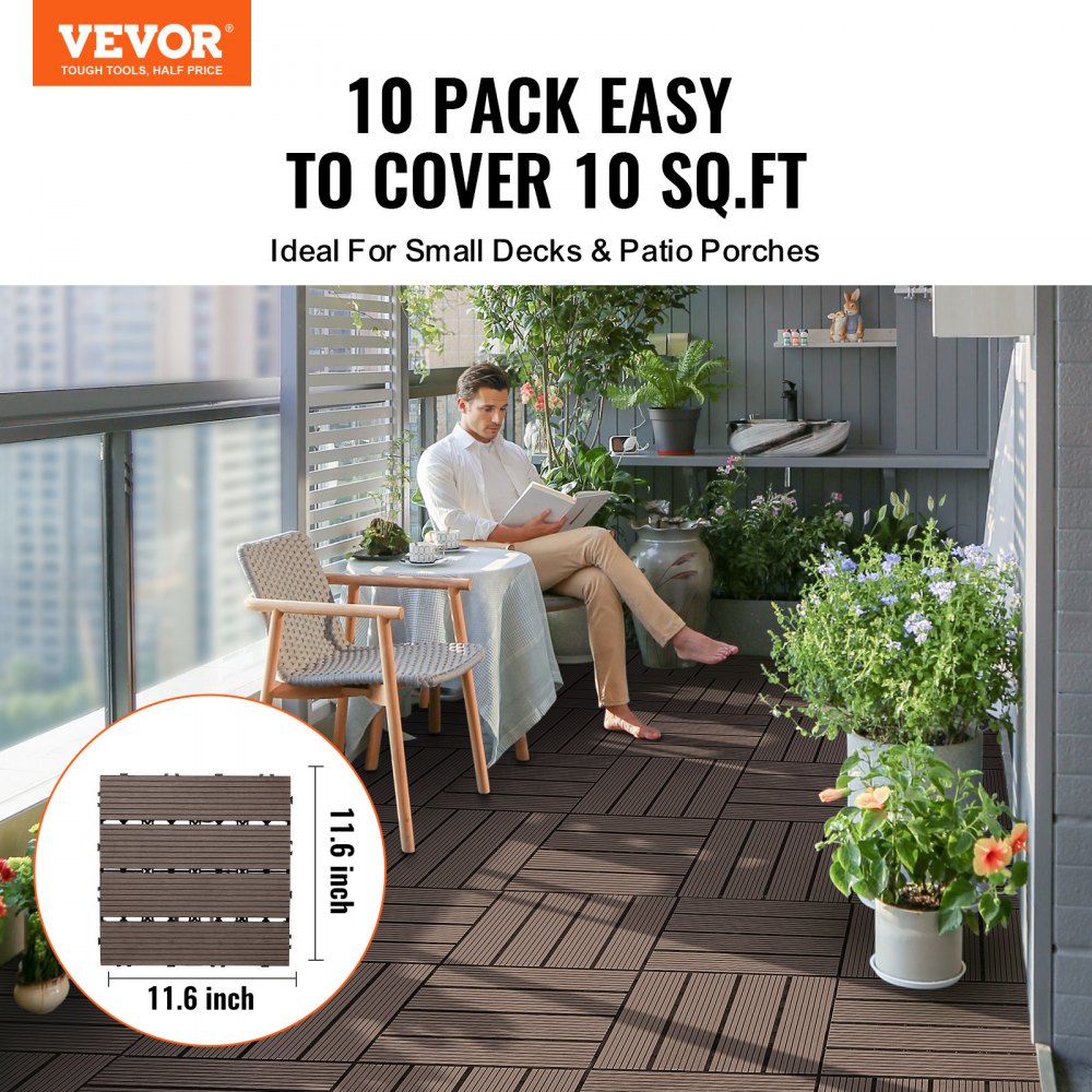 VEVOR Interlocking Deck Tiles Plastic Wood, 10 Pack,12"x12" 10 sq. ft Waterproof Outdoor Flooring All Weather Use, Patio Floor Decking Covering Tiles for Porch Poolside Balcony Backyard, Dark Brown