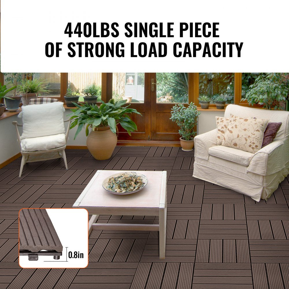 VEVOR Interlocking Deck Tiles Plastic Wood, 10 Pack,12"x12" 10 sq. ft Waterproof Outdoor Flooring All Weather Use, Patio Floor Decking Covering Tiles for Porch Poolside Balcony Backyard, Dark Brown