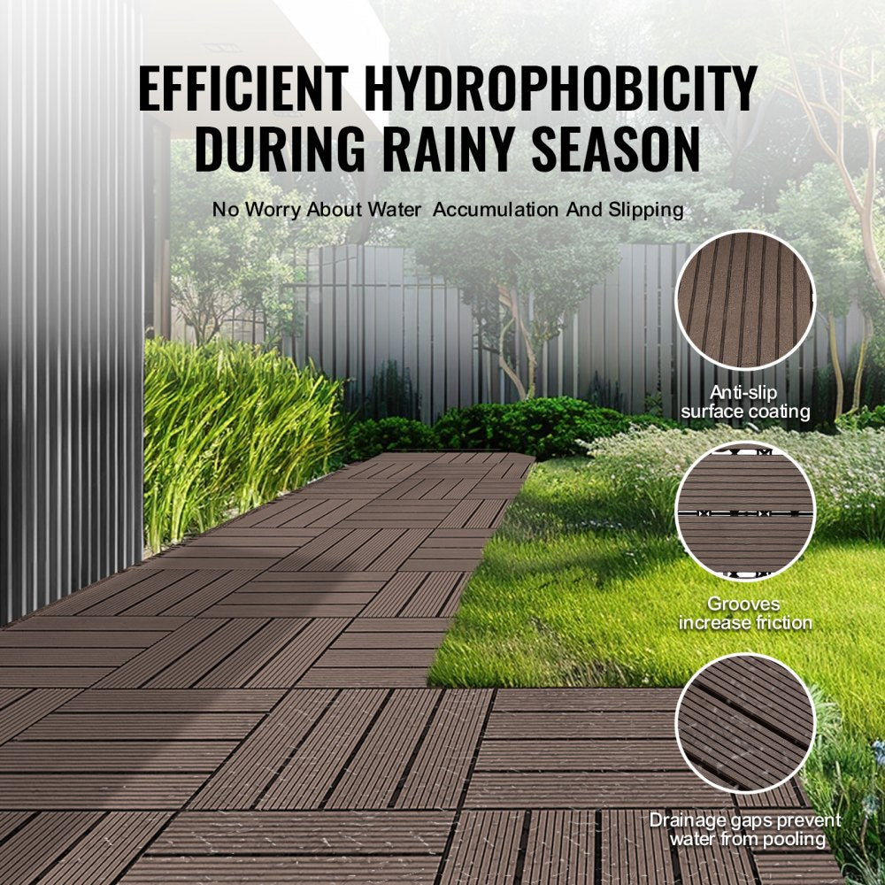 VEVOR Interlocking Deck Tiles Plastic Wood, 10 Pack,12"x12" 10 sq. ft Waterproof Outdoor Flooring All Weather Use, Patio Floor Decking Covering Tiles for Porch Poolside Balcony Backyard, Dark Brown
