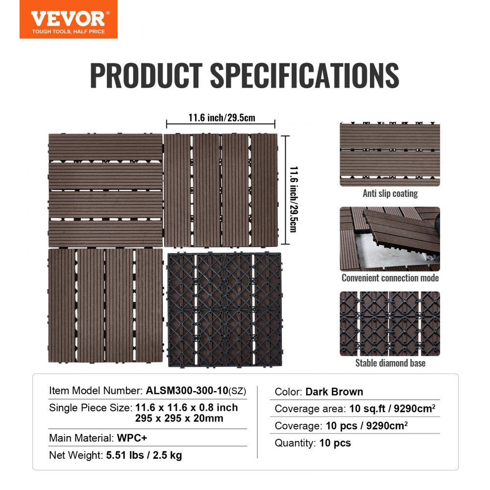 VEVOR Interlocking Deck Tiles Plastic Wood, 10 Pack,12"x12" 10 sq. ft Waterproof Outdoor Flooring All Weather Use, Patio Floor Decking Covering Tiles for Porch Poolside Balcony Backyard, Dark Brown