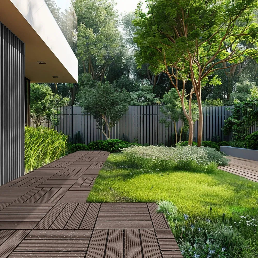 VEVOR Interlocking Deck Tiles Plastic Wood, 10 Pack,12"x12" 10 sq. ft Waterproof Outdoor Flooring All Weather Use, Patio Floor Decking Covering Tiles for Porch Poolside Balcony Backyard, Dark Brown