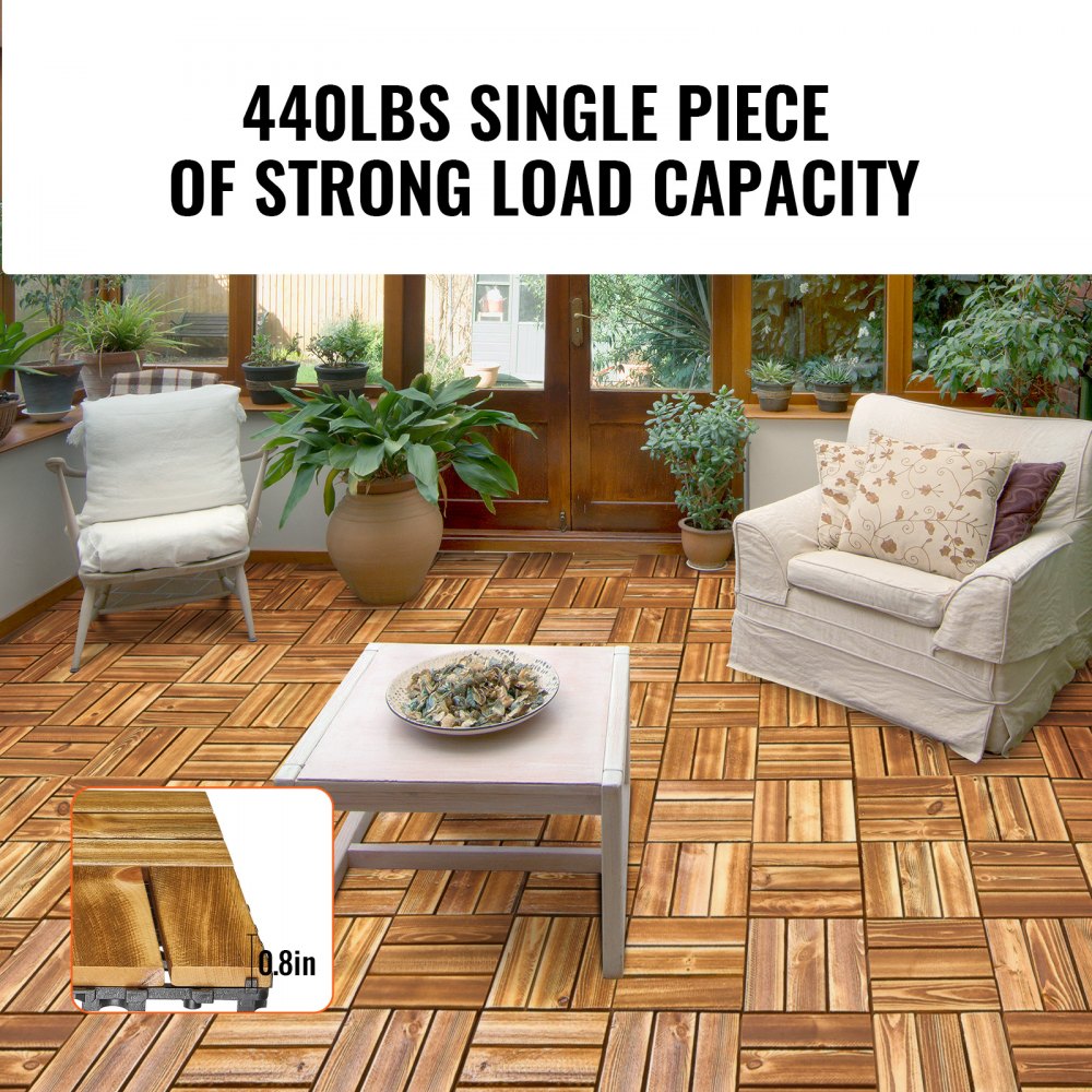 VEVOR Interlocking Deck Tiles Solid Wood, 10 Pack,12"x12" Waterproof Camphor Pine Wood Flooring All Weather Use, Patio Floor Decking Covering Tiles for Porch Poolside Balcony Backyard, (Wooden)
