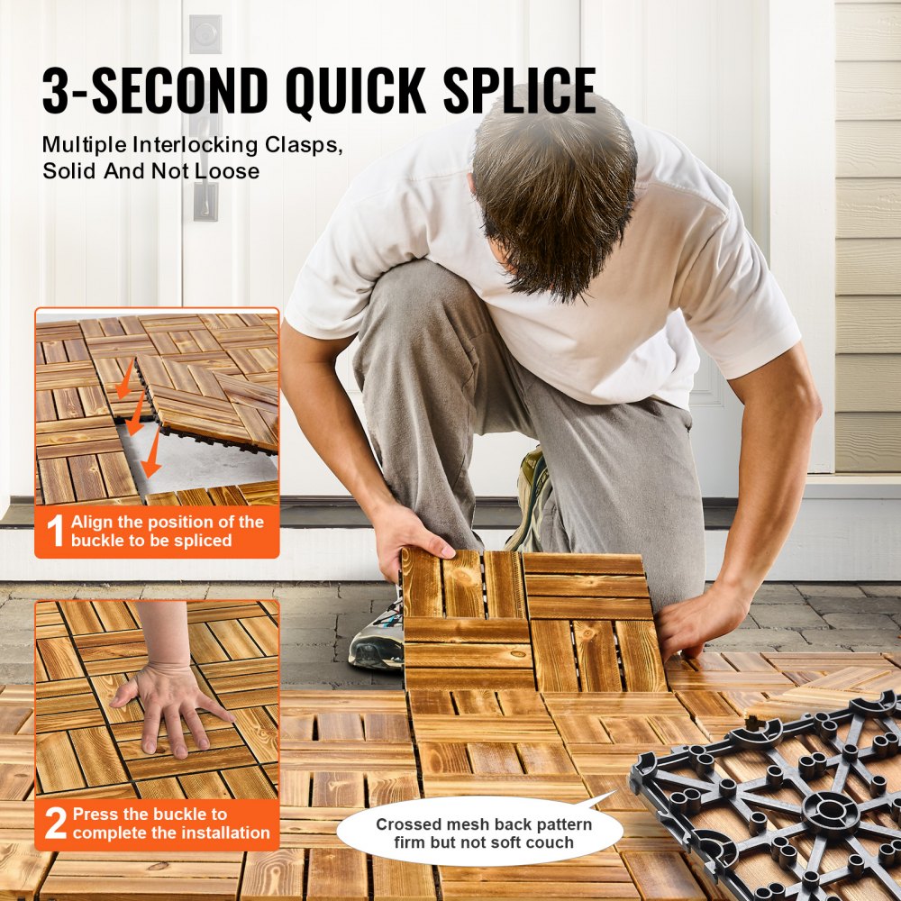 VEVOR Interlocking Deck Tiles Solid Wood, 10 Pack,12"x12" Waterproof Camphor Pine Wood Flooring All Weather Use, Patio Floor Decking Covering Tiles for Porch Poolside Balcony Backyard, (Wooden)