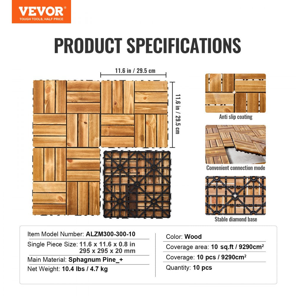 VEVOR Interlocking Deck Tiles Solid Wood, 10 Pack,12"x12" Waterproof Camphor Pine Wood Flooring All Weather Use, Patio Floor Decking Covering Tiles for Porch Poolside Balcony Backyard, (Wooden)