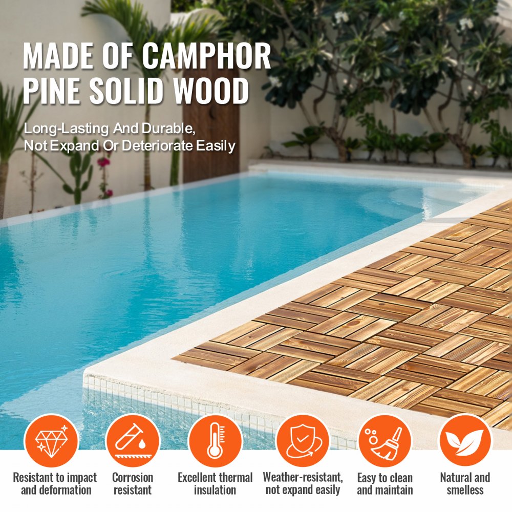 VEVOR Interlocking Deck Tiles Solid Wood, 27 Pack,12"x12" Waterproof Camphor Pine Wood Flooring All Weather Use, Patio Floor Decking Covering Tiles for Porch Poolside Balcony Backyard, (Wooden)