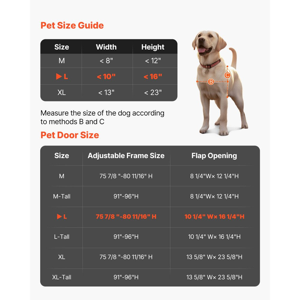 VEVOR Dog Door for Sliding Glass Door, 75 7/8 to 80 11/16 in Adjustable Height, Aluminum Alloy Frame with Rotating Hinges, Lock Design, 10 1/4 x 16 1/4 in Flap, Sliding Glass Pet Door for Renters