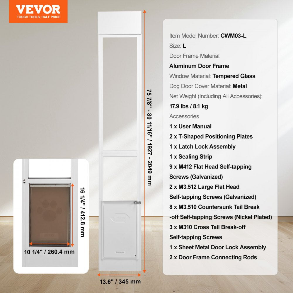 VEVOR Dog Door for Sliding Glass Door, 75 7/8"-80 11/16" Adjustable Height Doggy Door for Sliding Doors, Aluminum Frame Tempered Glass Pet Door with Hinge Structure Flap and Lock for Medium-Sized Dogs