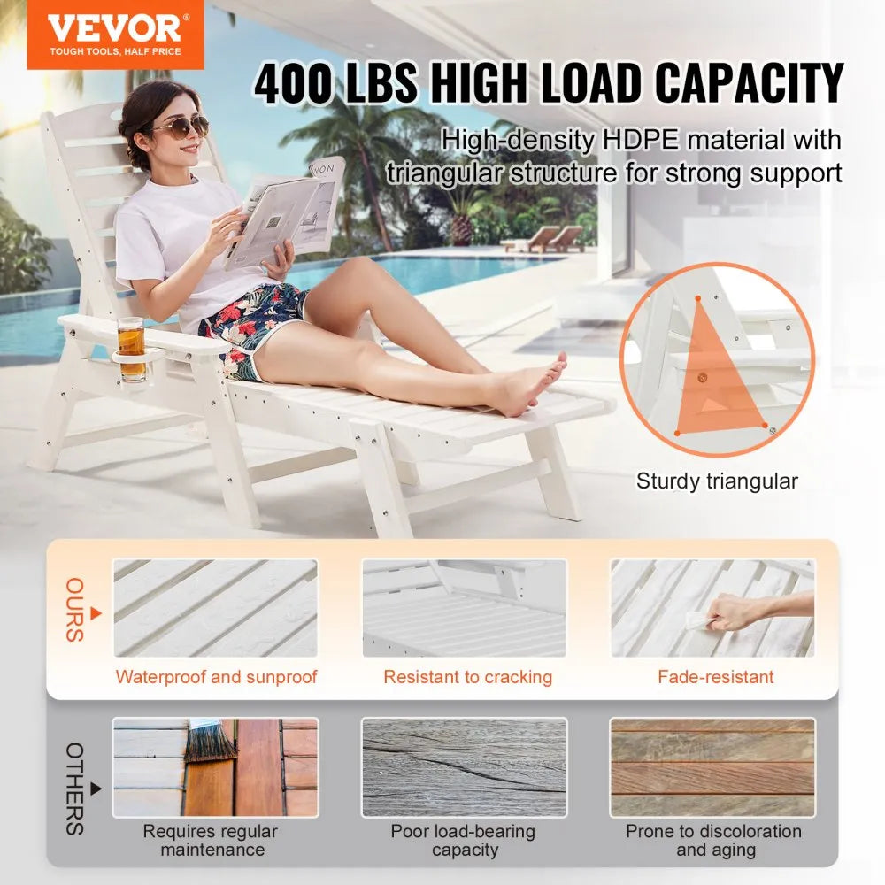 VEVOR Chaise Lounge Chair, 400 lbs Weight Capacity, 6 Positions Adjustable Patio Lounge Chair, Outdoor HDPE Lounge Chair with Backrest & Cup Holder, for Pool Poolside Deck Backyard Lawn, White